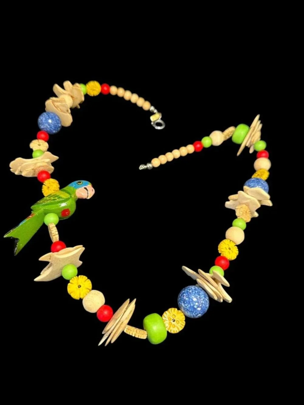 Signed PN Tropical Wood Beads Painted Parrot Necklace 27 inches Designer